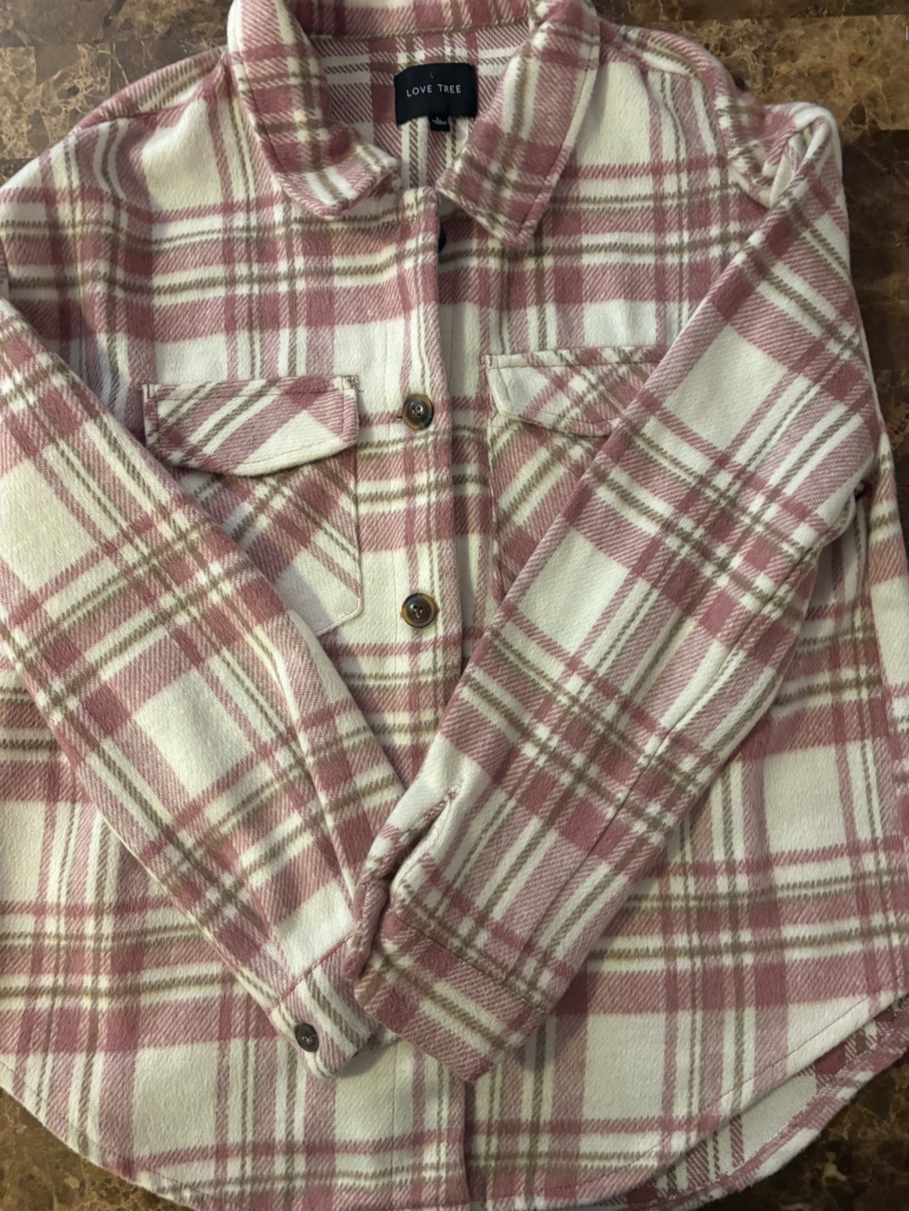 Love Tree Cream and Dusty Pink Plaid Button-Down Shirt